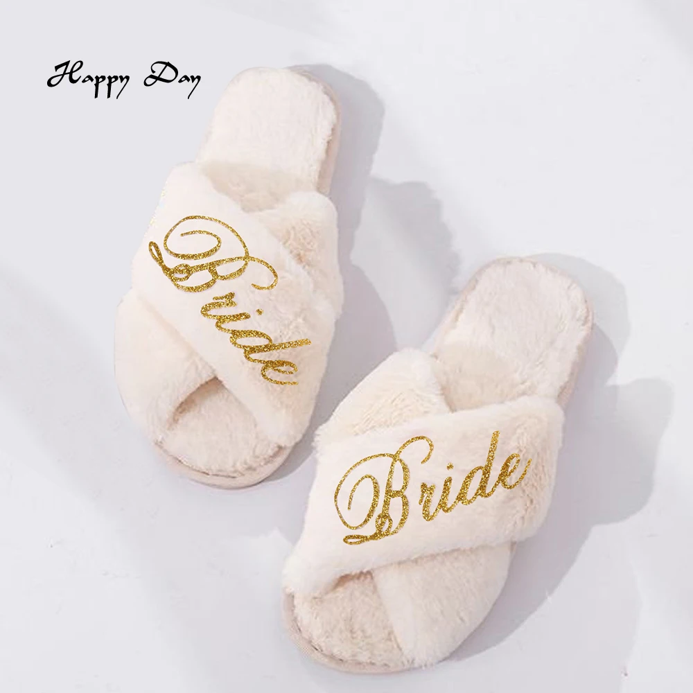 

Customizable Bridesmaid Fluffy Open-Toed Slipper Wedding Bachelorette Hen White Fluffy Slippers Bridal Shower Bridesmaid Gifts