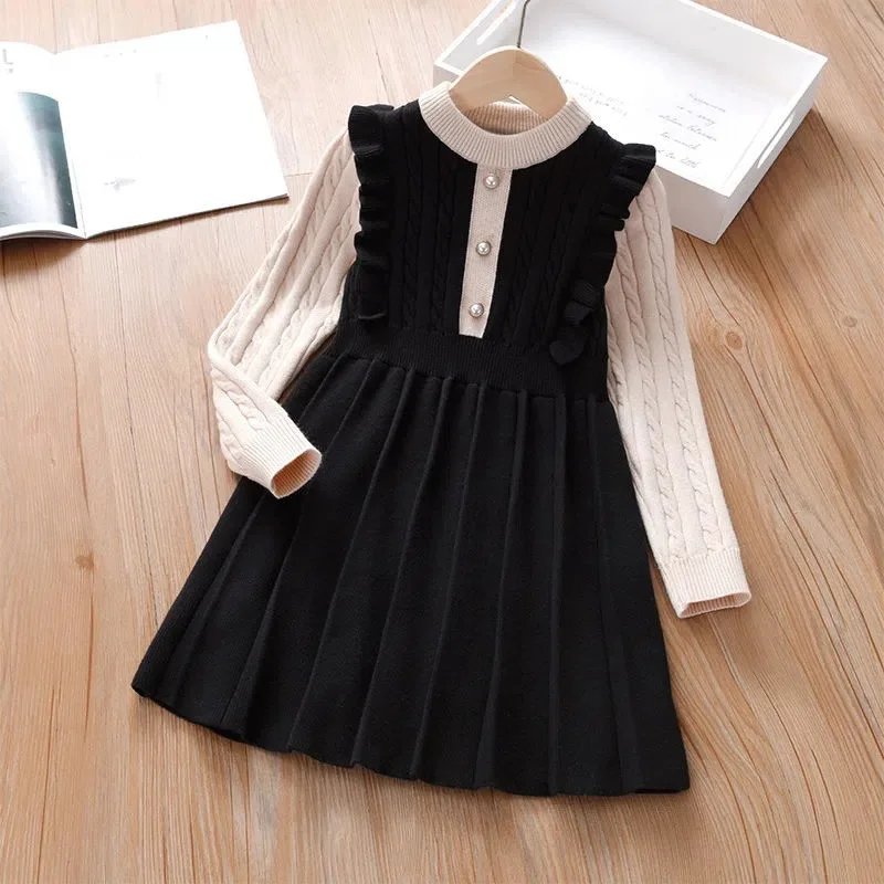 2023 Autumn winter Teenagers Girls Kids button Knit Sweater Dresses Princess clothes new year Christmas 4 5 6 7 8 9 10 11 year