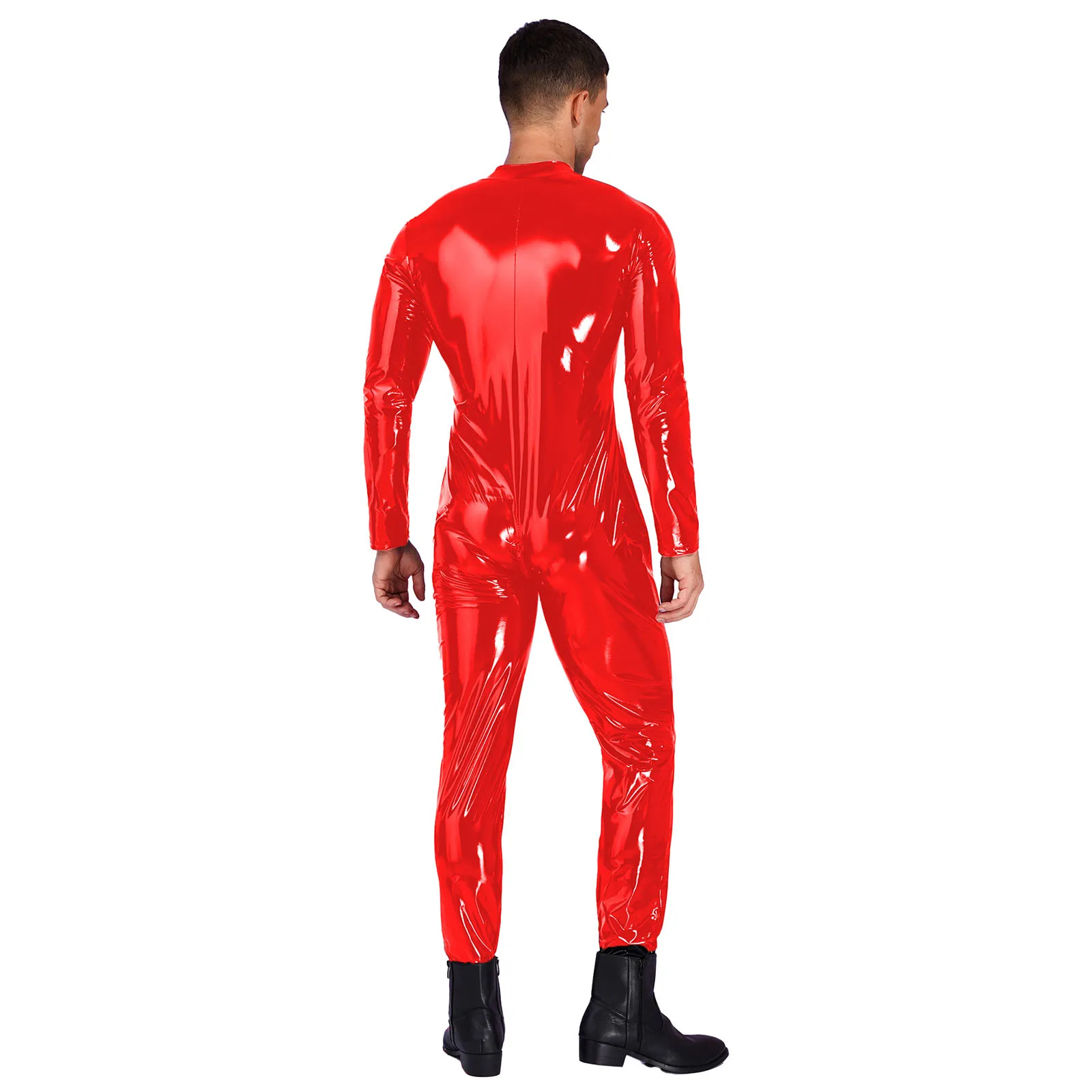 Mens Rave Party Nightclub Pole Dancing Jumpsuit Long Sleeve Zipper Patent Leather Bodysuit Music Festival Performance Clubwear