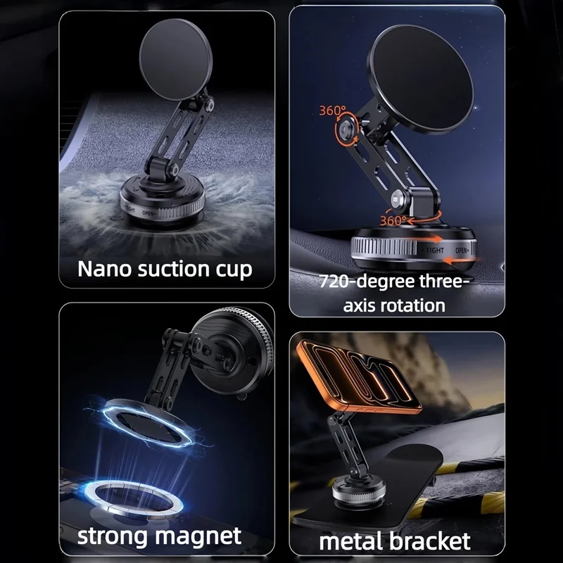 Uniwersalny, regulowany uchwyt samochodowy na telefon, metalowy, magnetyczny, z przyssawką, podkładka z nanogelu, 3-osiowy, składany uchwyt do iPhone'a i Samsunga. — zdjęcie produktu 2