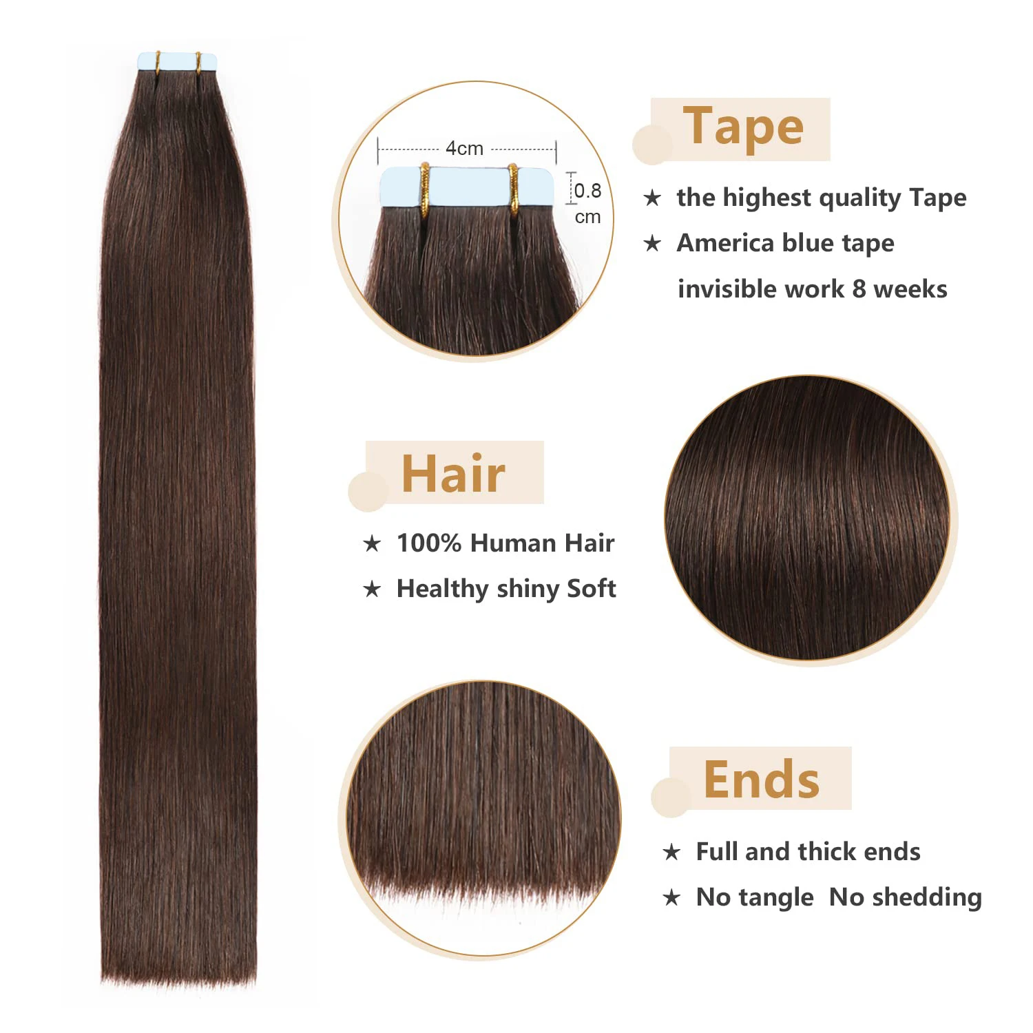 Tape-in-Extensions de cheveux humains pour femmes, cheveux raides brésiliens, 100% cheveux humains, brun foncé #2, 20 pièces