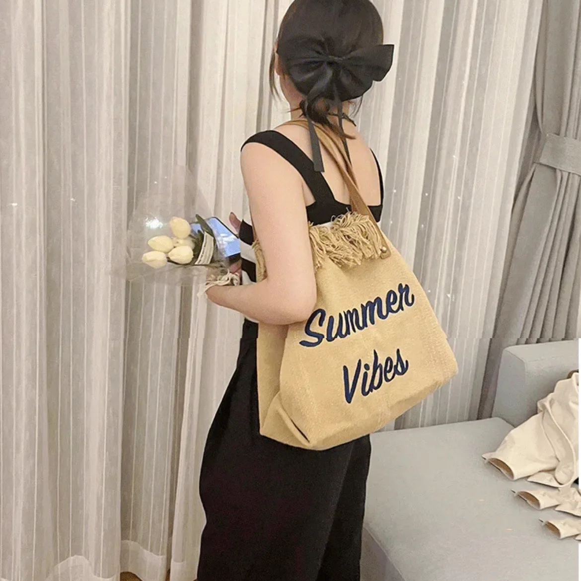 Handbag Woman Bag Design Simple Niche Travel Beach Tote Bag Tassel Letter Embroidery Fashion Large Capacity Shoulder Bags 2022