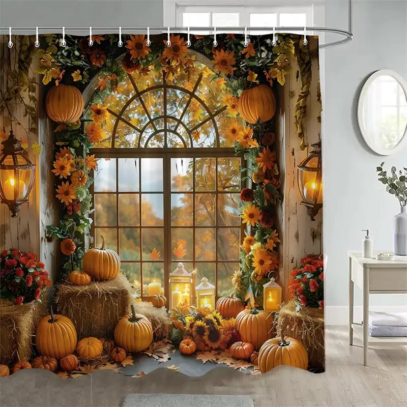 Autumn Barn Pumpkin Shower Curtain Sunflower Haystacks Window Fall Forest Landscape Polyester Bathroom Decor Curtains with Hooks