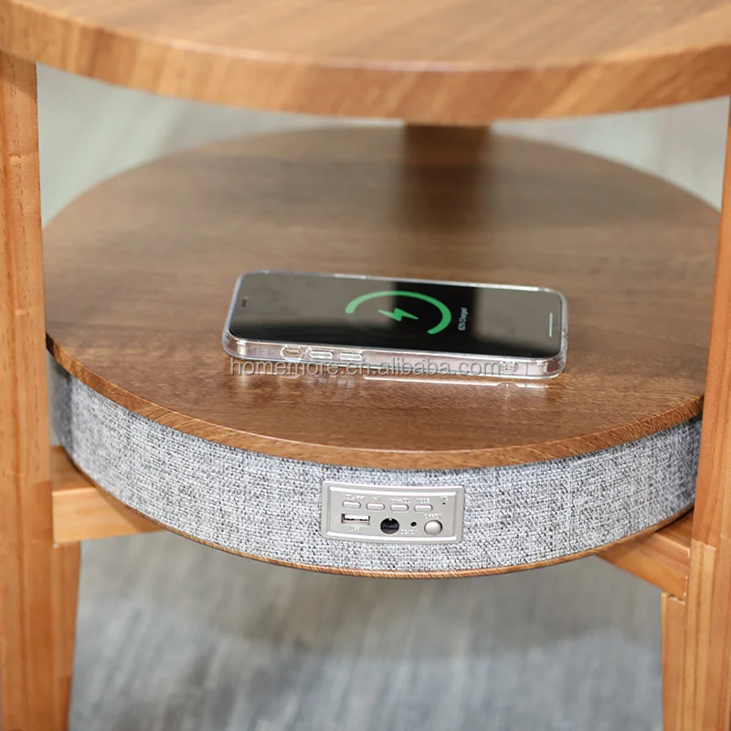 Two Layers Round Top QI Charging Music Smart Wireless Side Table Shelf with Power Bank  Aux Audio Speaker Coffee Tables