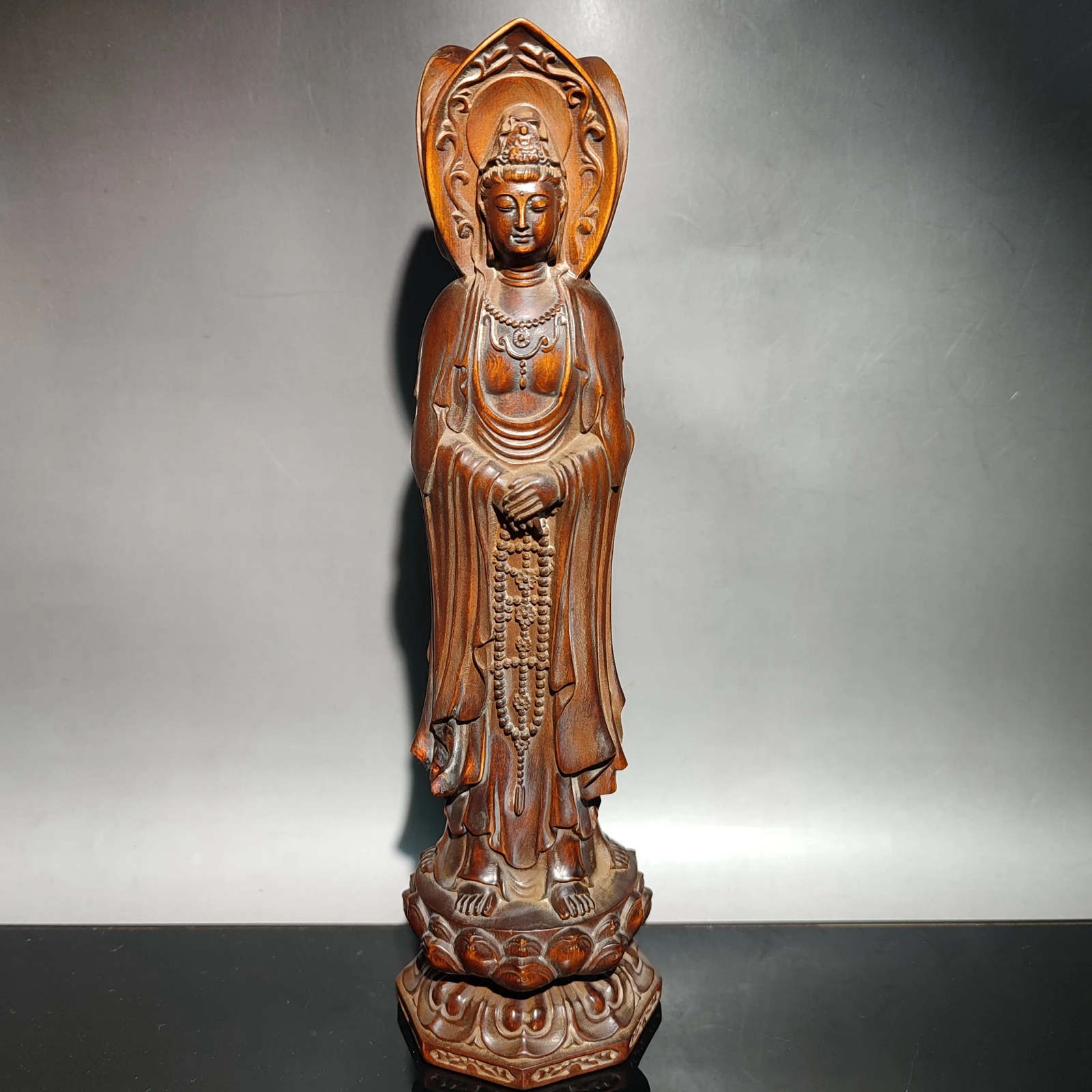 Beautiful Three sides Kwan-yin statue Wood Figure Guanyin vintage wood carving decoration wall desk Study souvenir amusing