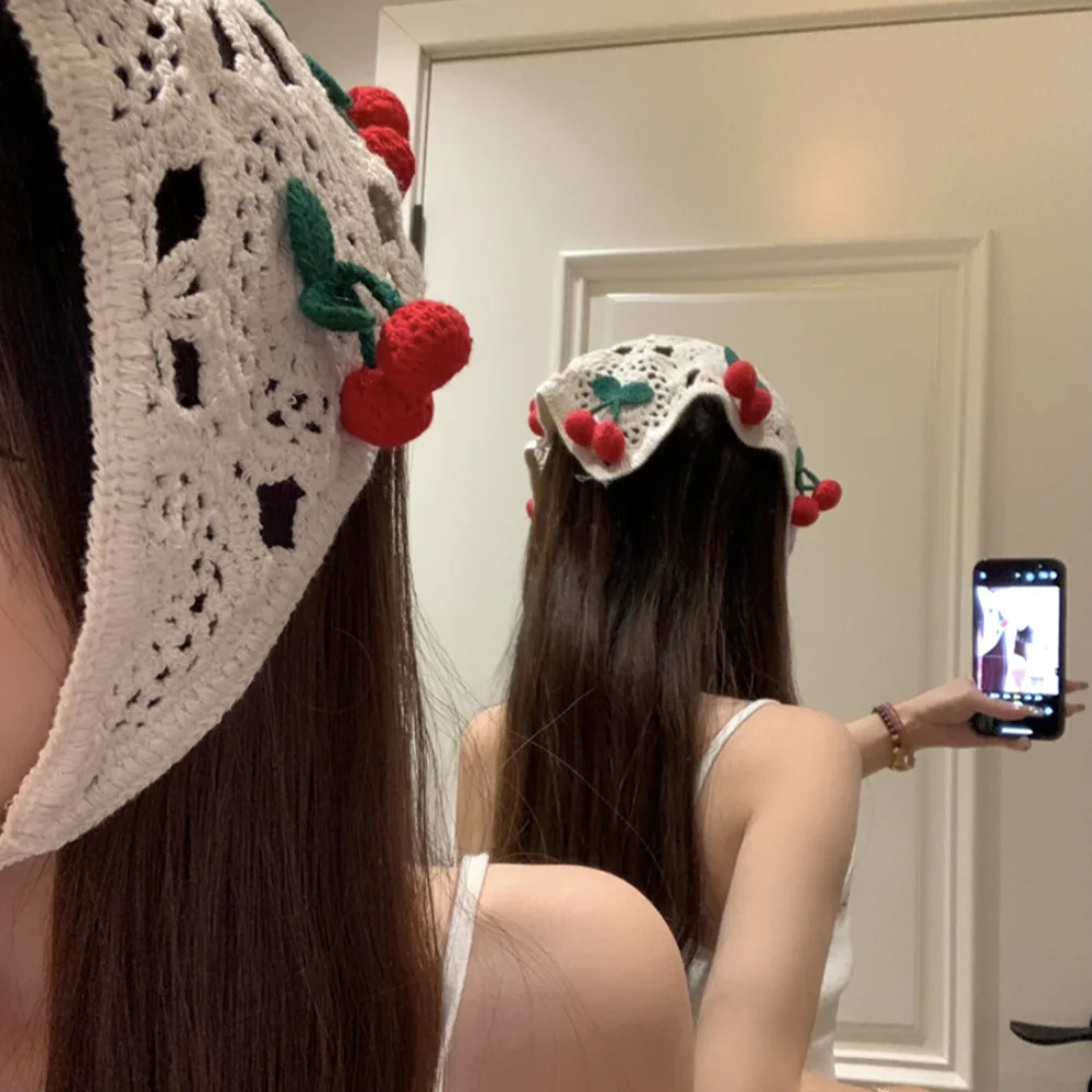 Sweet French Pastoral Style Triangle Headband Handmade Crochet Knitted Headscarf Hat Little Cherry Headband Towel Spring Summer