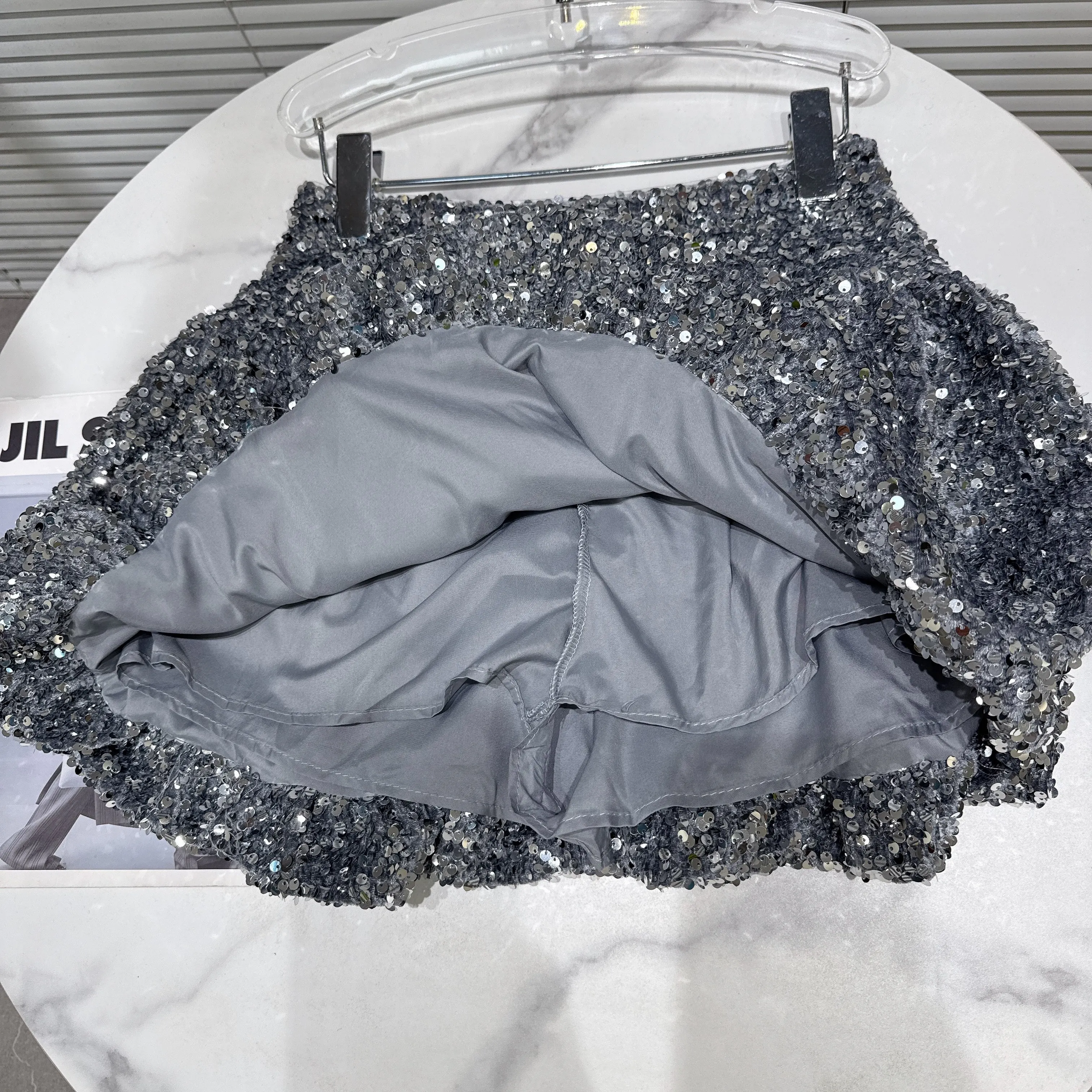 Style coréen élégant mode Socialite col en peluche à manches longues vers le bas manteau court paillettes Mini jupe deux pièces ensemble pour les femmes hiver