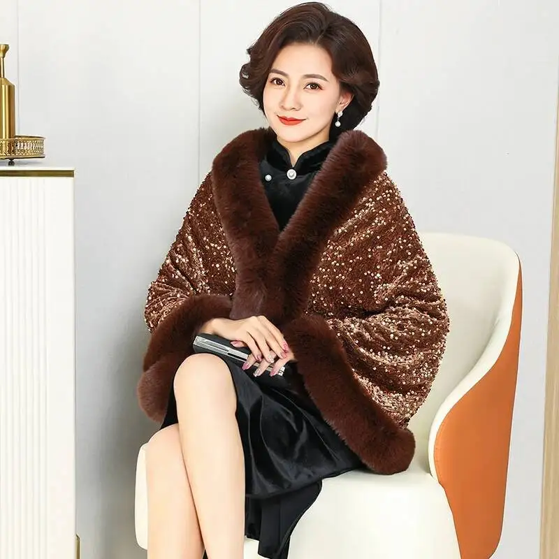 Fashion Shiny Paillette Faux Rex Rabbit Fur Cape Coat Winter Thicken Lining Warm Party Dress Cloak Shawl Women Wraps New