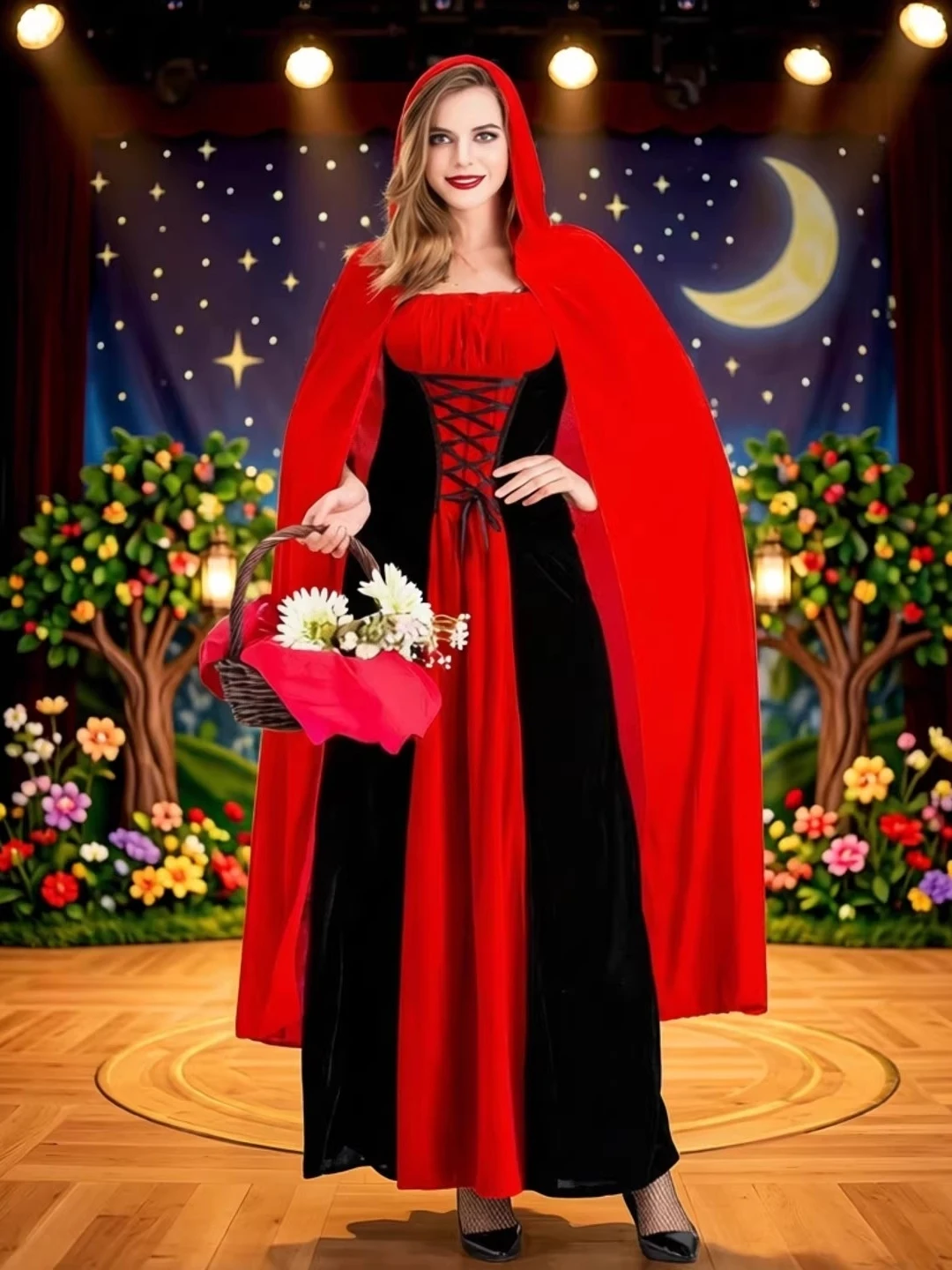

Halloween Velvet Long Coat with Hood Stage Performance Costume Little Red Riding Hood Red Cloak Women's Traditional Chinese C...