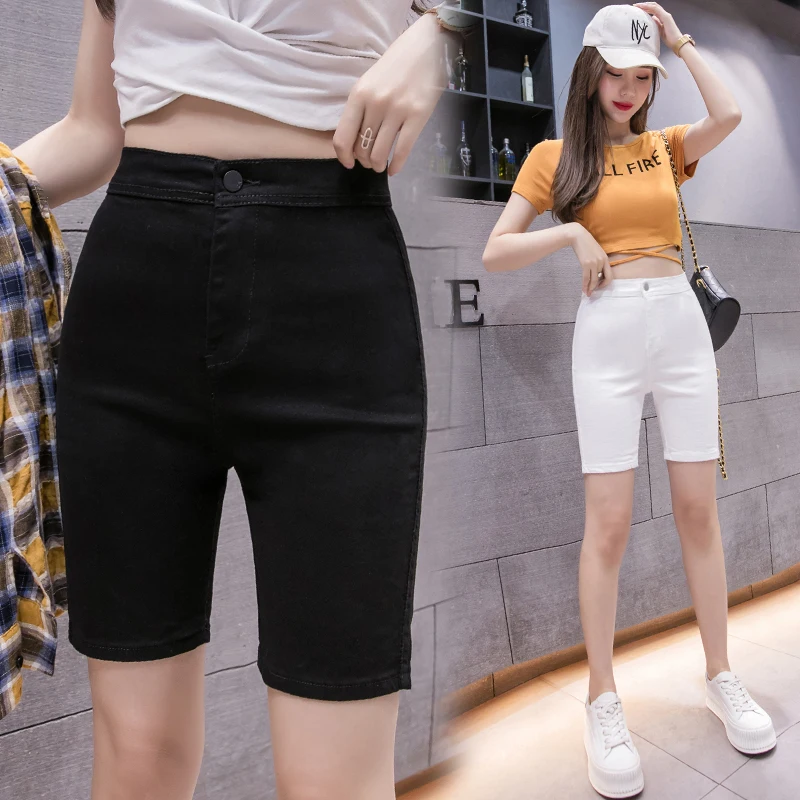 ارتفاع الخصر الأبيض الدنيم خمس نقاط السراويل النساء الصيف ضئيلة مستقيم ضيق ركوب واسعة الساق عارضة orts القطن تمتد النسيج