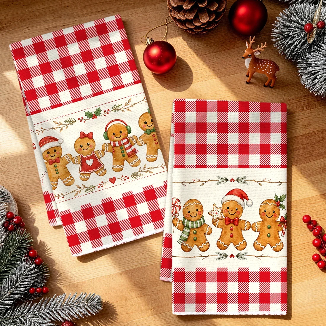 2pcs Set Kitchen Towels Red-Checkered Gingerbread ManHand Towels Christmas Decorations For Home Noel Dish Towels Gifts