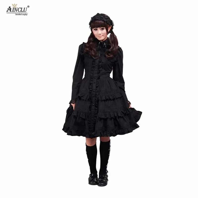 

Ainclu XS To XXL High Quality Cemavin Womens Long Sleeves Cotton Black Ruffle Sweet Lady Lolita Dress For four Seasons