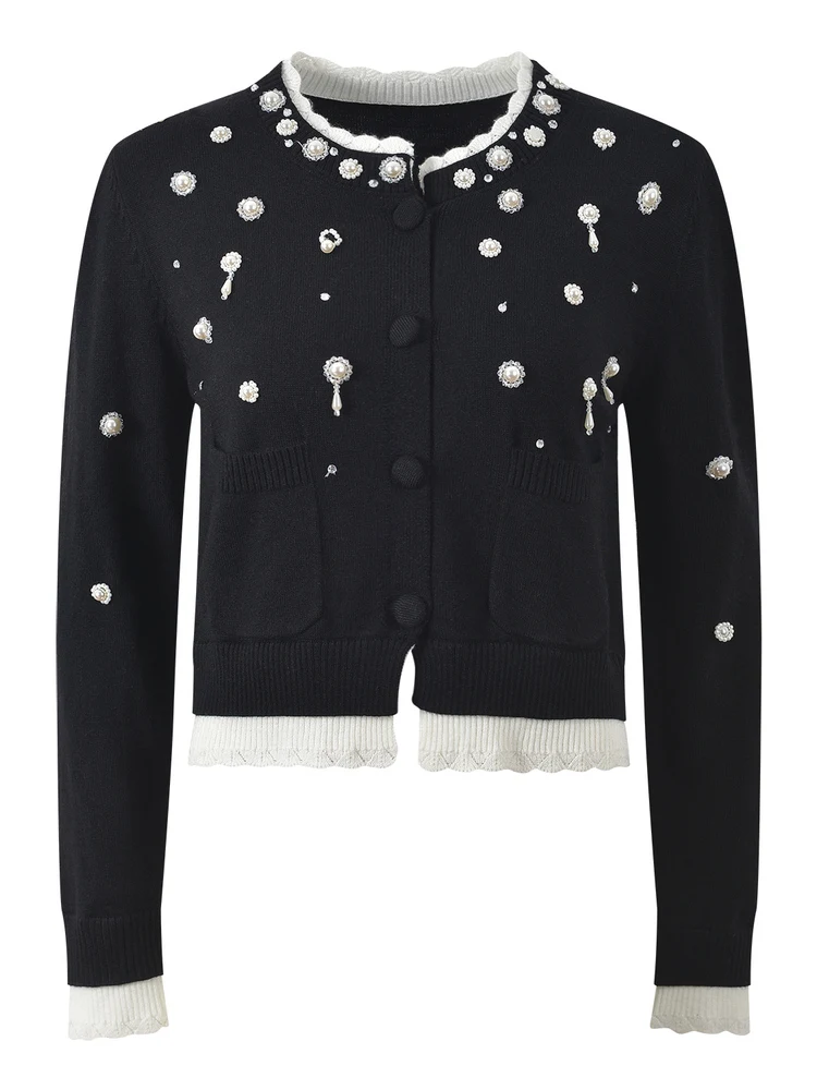 High-End European Gray System Knitted Short Cardigan Design Sensation Fake Two-Piece Grey Beaded Long Sleeve round Neck Top