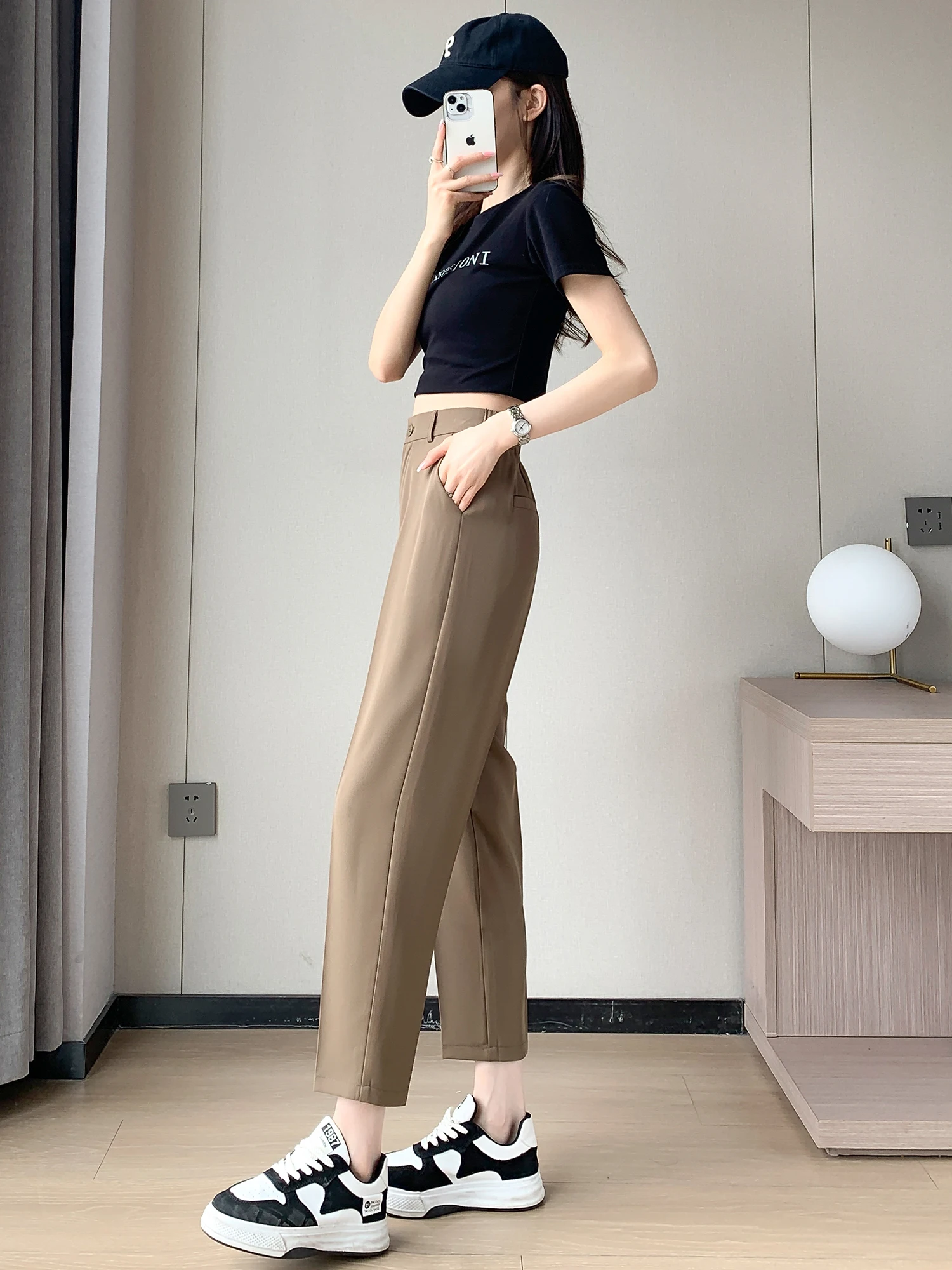 ارتفاع الخصر سليم صالح سراويل تقليدية المرأة Faion 2025 جديد Sle مستقيم الساق تسع نقاط بنطلون تنوعا عالية الخصر السراويل