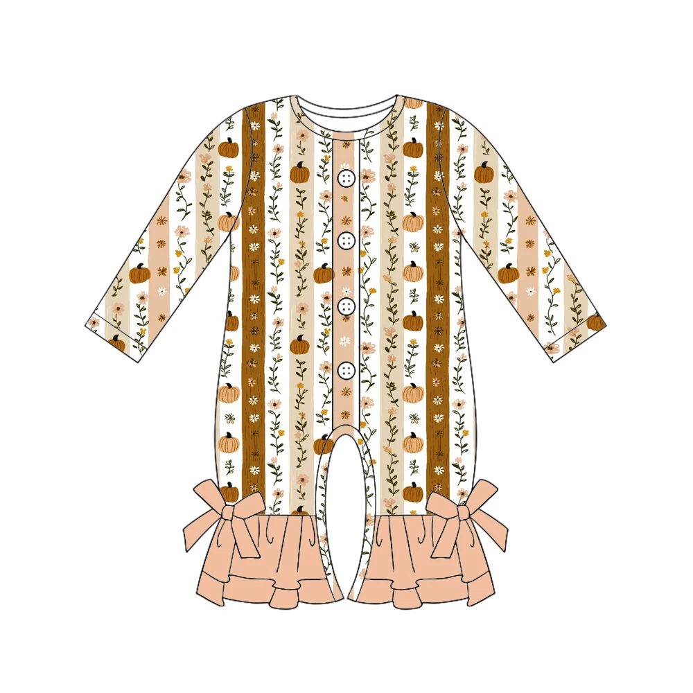 Thanksgiving Day Boutique girls' romper Ruffle Long-style Button Double-layered ruffles Bow decoration pumpkin print wholesale