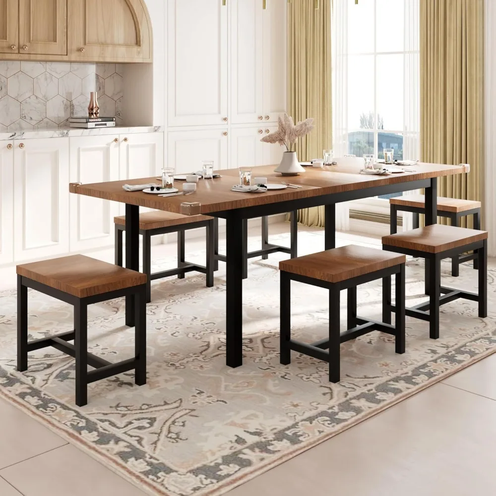 

7-Piece Dining Table Set with 6 Stools, 63" Large Extendable Kitchen Table Set for 4-8, Mid-Century Dining Room Table with Heav