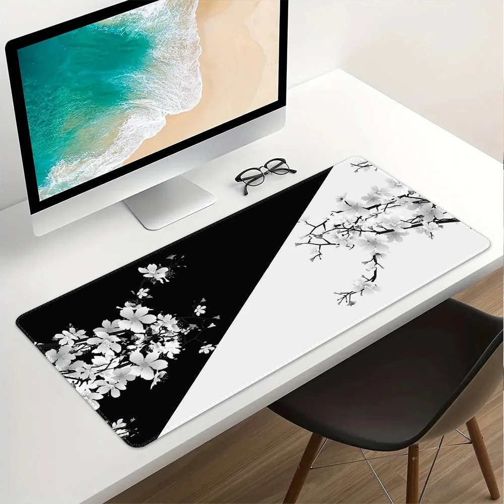 Black and White Cherry Blossom Gaming Mouse Pad, Extended Large Mouse Mat Desk Pad, Long Non Slip Base Mice Pad（35.4*15.7 Inch）