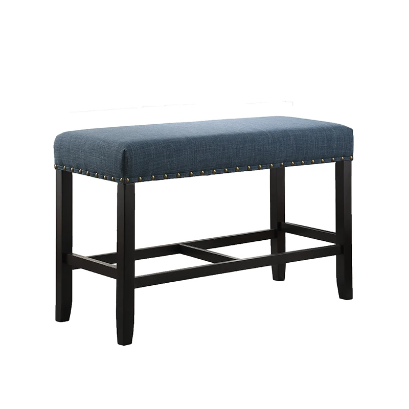 Biony Fabric Counter Height Dining Bench Wooden Base Comfort Seat Kitchen Diningwith Nailhead Trim, Blue On-Site