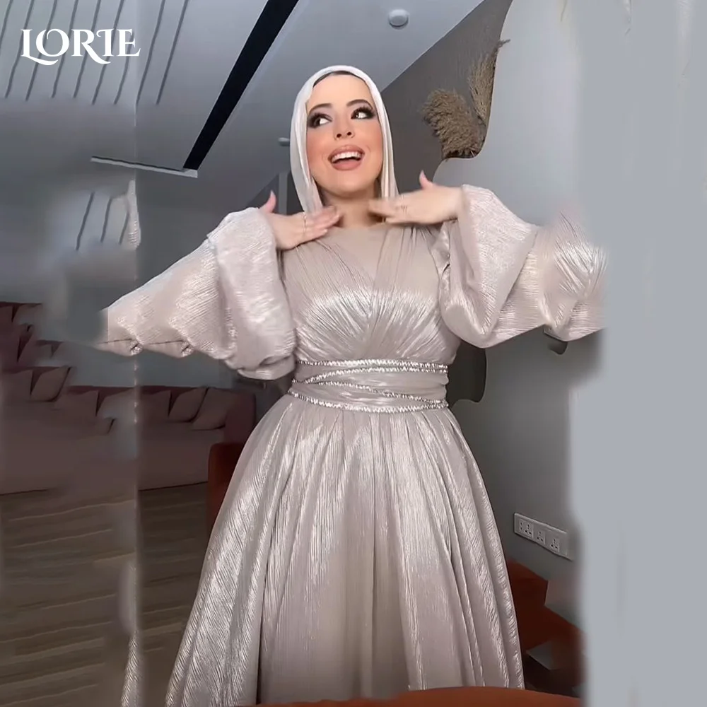 

LORIE Modest Crepe Evening Dress Pleats Puff Long Sleeve Floor Length Prom Dresses Ruched Illsion Arabia Party Gowns Customized