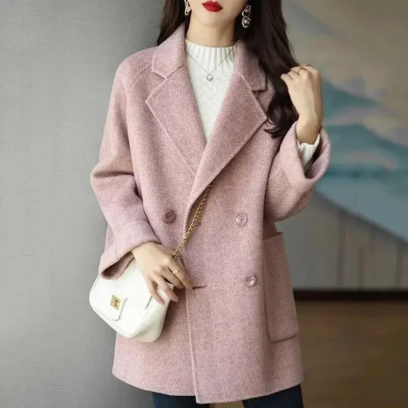 Women Elegant Coats Turn Down Collar Jackets Single Breasted Wool Coat Thick Work Blends Mid Length Coat Autumn Winter Jackets