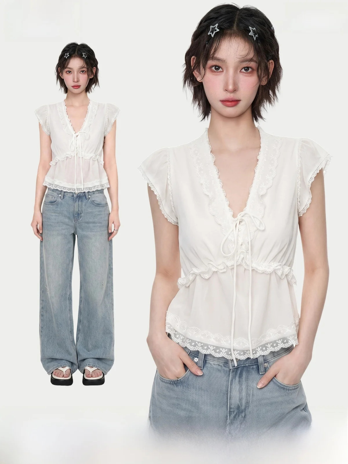 

White V-Neck Lace Trim Short Sleeve Shirt Women's Summer Slim Fit Waist Cinch Fairy Sleeve Shirt Small Top Korean Style