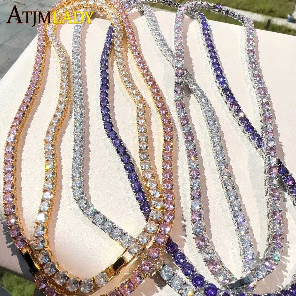 Pink White Iced Out 5A CZ 5mm Tennis Chain Necklace Two Tone Color