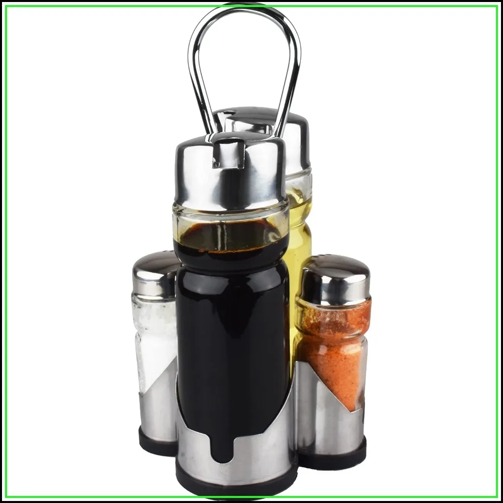 4-in-1 Salt & Pepper Shakers, Oil & Vinegar Dispenser Set with Stainless Steel Holder
