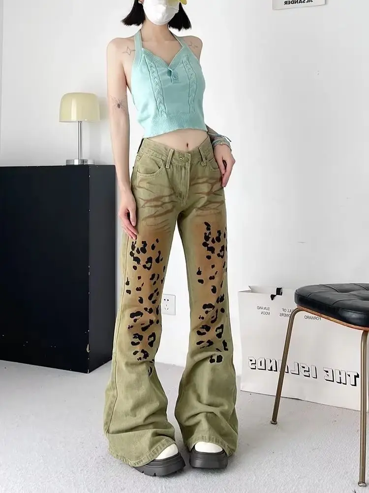 Mode Slanke Hoge Taille Vrouw Jeans Casual Gedragen Luipaard Patroon Rechte Broek Vrouwelijke Chic Y2k Amerikaanse High Street Vrouwen Jeans