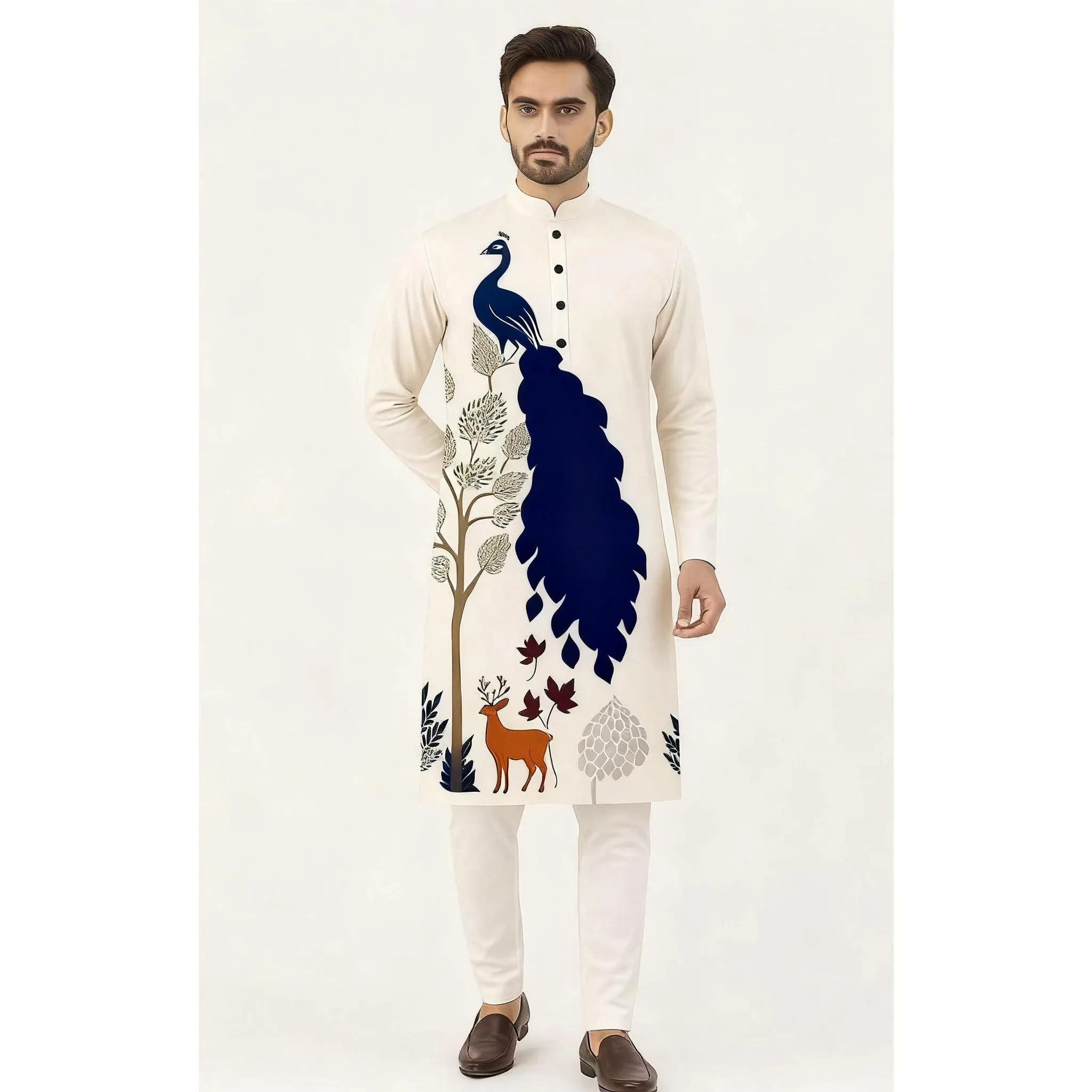 メンズデジタル孔雀柄プリントクルタ・ヴァルダ、レギュラーマンダリンカラー、ロング丈、民族風、結婚式、ハリ・ラヤ、イドリフティリに最適