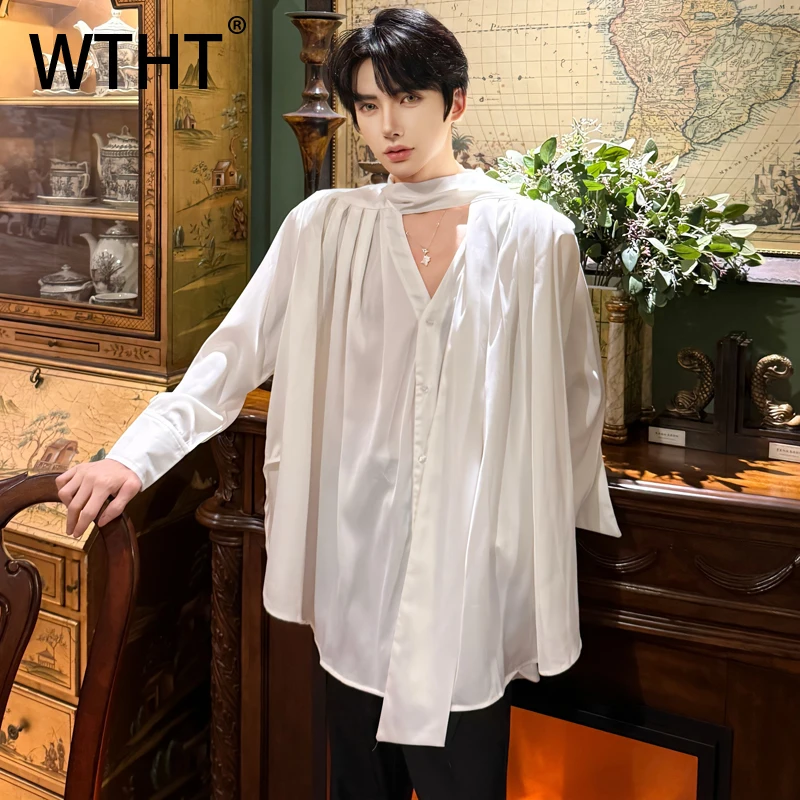 

WTHT Trendy Men's Solid Color Ribbon Pleated Loose Design Shirts Fashion 2025 Autumn Long Sleeves V-neck Tops Male 2A1410