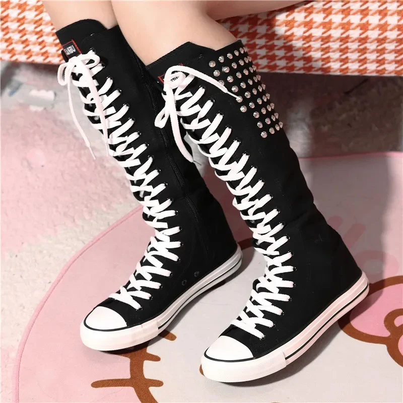 

New Gothic Punk Canvas Metal rivets Boots Long Boots Flats Platform Shoes High Top Lace-Up Zipper Comfortable Sneakers Unisex
