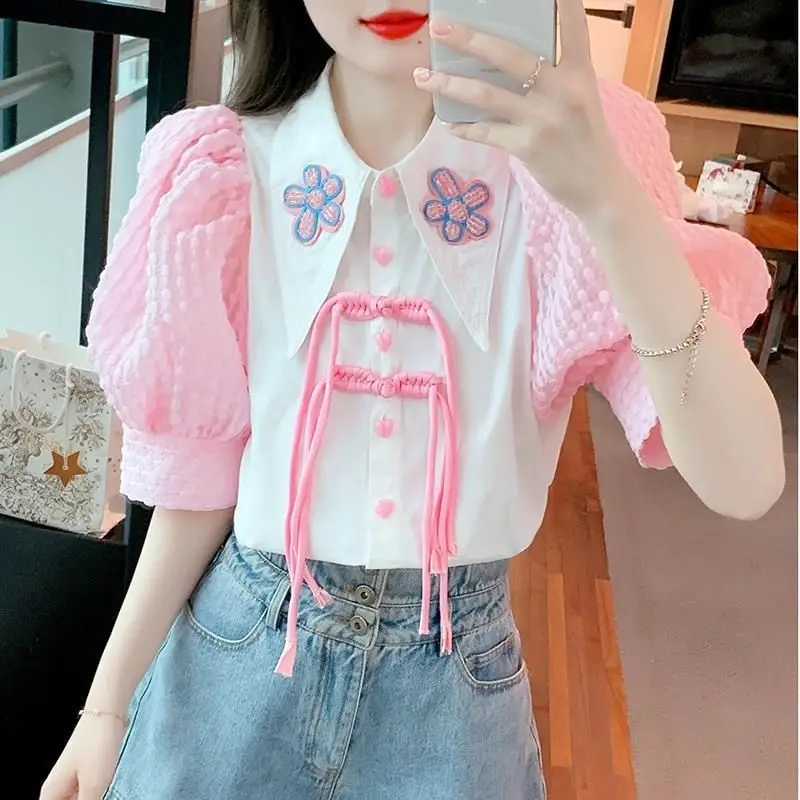 Women\'s Clothing Patchwork Buttons Sweet Young Style Lively Cute Summer Thin Turn-down Collar Loose Short Sleeve Floral Blouses