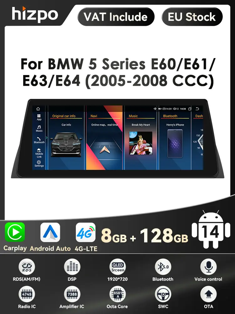 2din Android Auto Radio Multimedia Video Speler Voor Bmw 5Series E60 E61 E63 E64 3Series E90 E91 E92 E93 Stereo Gps Carplay 4G Rds - afbeelding 2