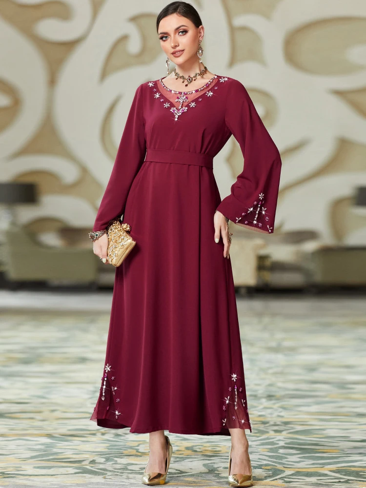 

Eid Morocco Muslim Party Dress Women Diamond Split Sleeve Jalabiya Long Dresses Abaya Kaftan Vestidos Dubai Ramadan Gown Robe