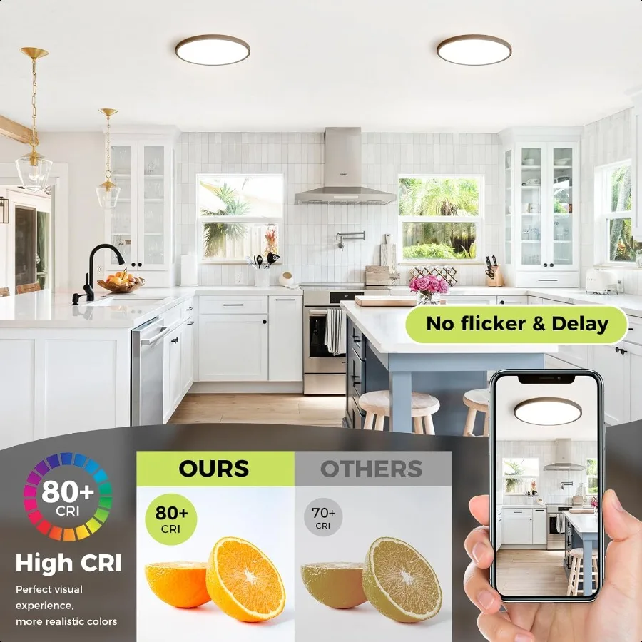 LED Flush Mount Ceiling Light Fixture 12Inch 24W 3000K 3500K 4000K 5000K 6500K Modern Black