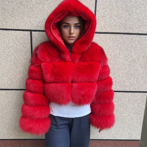 Natural fox fur hooded jacket new high street women winter fur jacket real fox fur natural raccoon fur 3 rows hooded fur coat