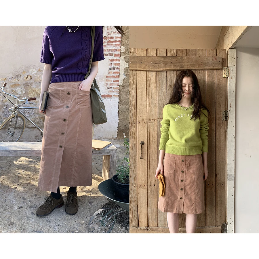 

HelloooEat Новая винтажная мягкая вельветовая юбка миди цвета коричневой сладкой ваты, универсальная, с завышенной талией, из смесового хлопка, H-образного силуэта