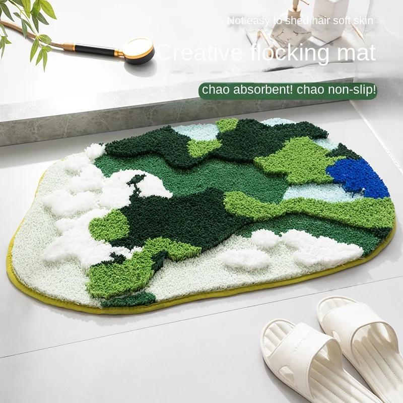 Light Luxury Moss Flocked Carpet Tufted Bathroom Non-slip Absorbent Floor Mat Soft Microfiber Carpet Door Mat