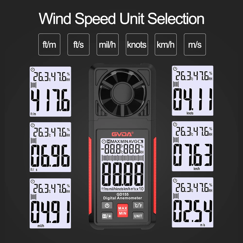 GVDA Digital Anemometer Portable Wind Speed Meter Air Velocity Gauge Windmeter LCD Backlight Display Temperature Humidity Meter