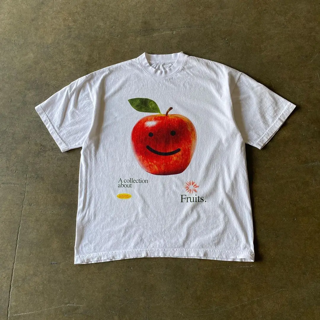 

Harajuku Cartoon Summer Round Neck Short Sleeve Cotton Pattern T-shirt Boys and Girls Top Apple Print Unisex Classic T-shirt