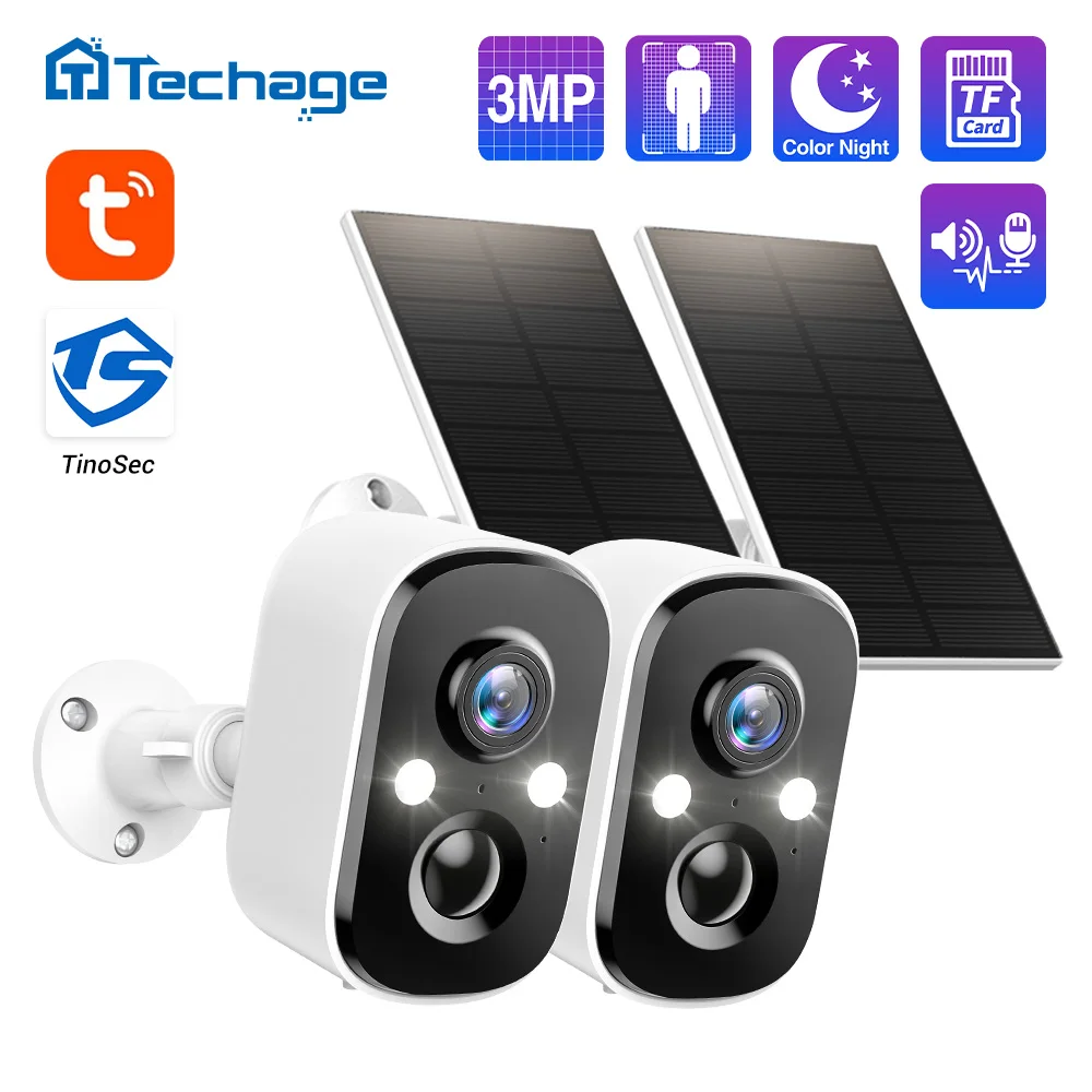 Techage Tuya 3MP Wireless Sloar Battery IP Camera Outdoor Security WiFi PIR Camera Two Way Audio Human Detection Support Alex