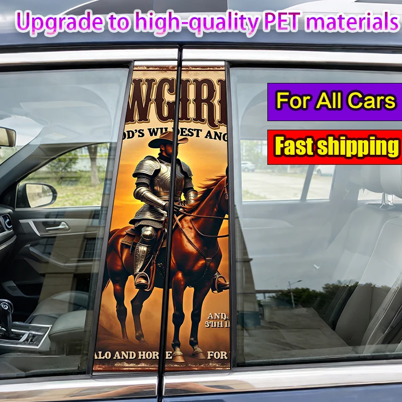 

2-Pack Car Pillar Stickers Cowboy in armor riding a brown horse Vinyl Waterproof and Sunproof Protective Sticker