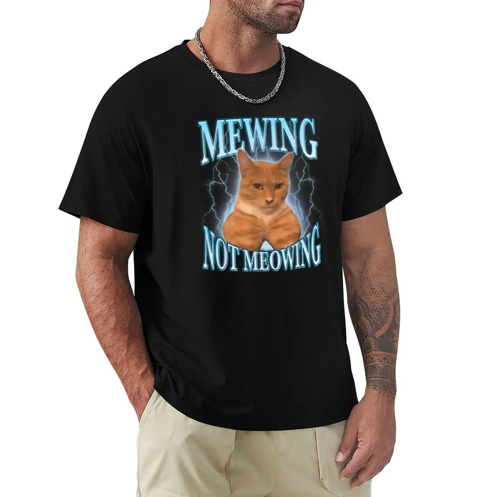 Funny Cat Meme Mewing LooksMax Meowing cat Trend T-Shirt Anti-Fade Casual Tee Shirt