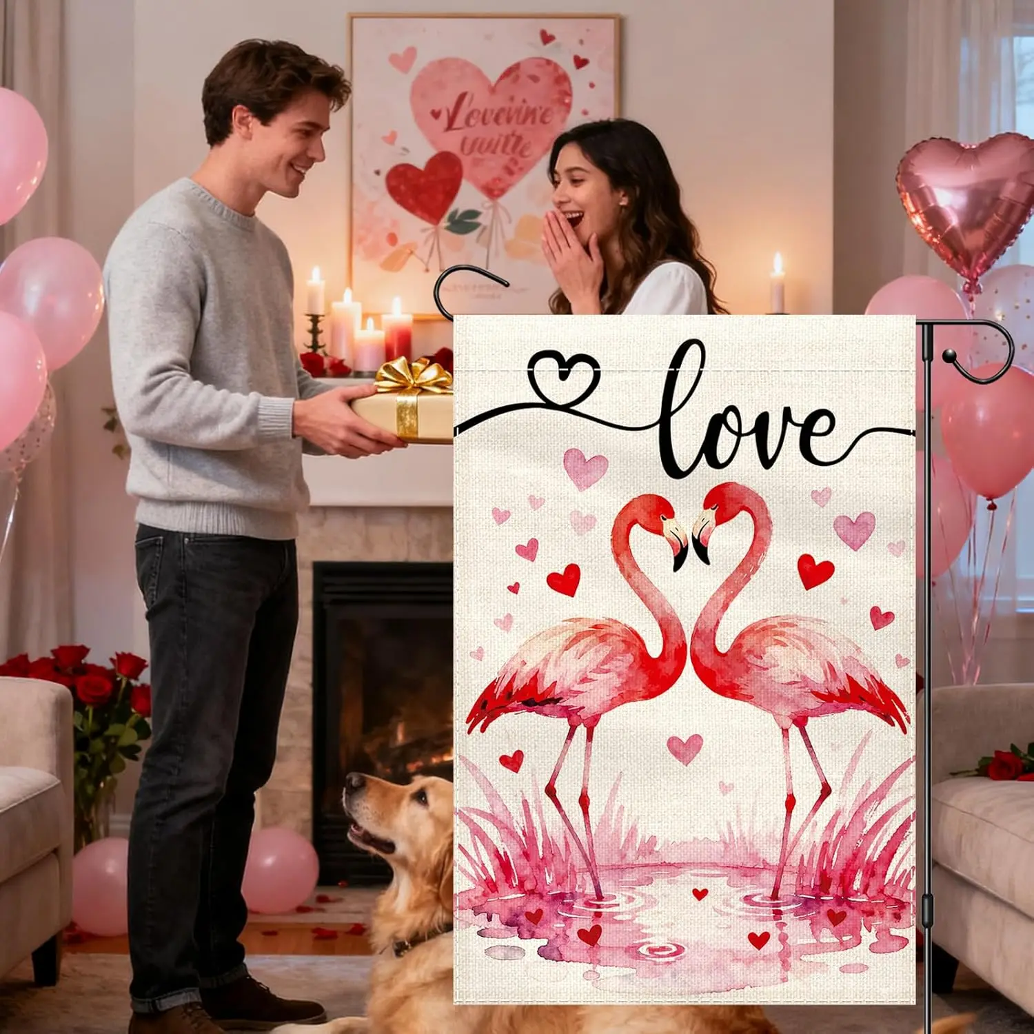 Valentines Day Garden Flag 12x18 Double Sided, Flamingo Love Yard Flags for Outside, Small Burlap Yard Flag for Anniversary  IIC