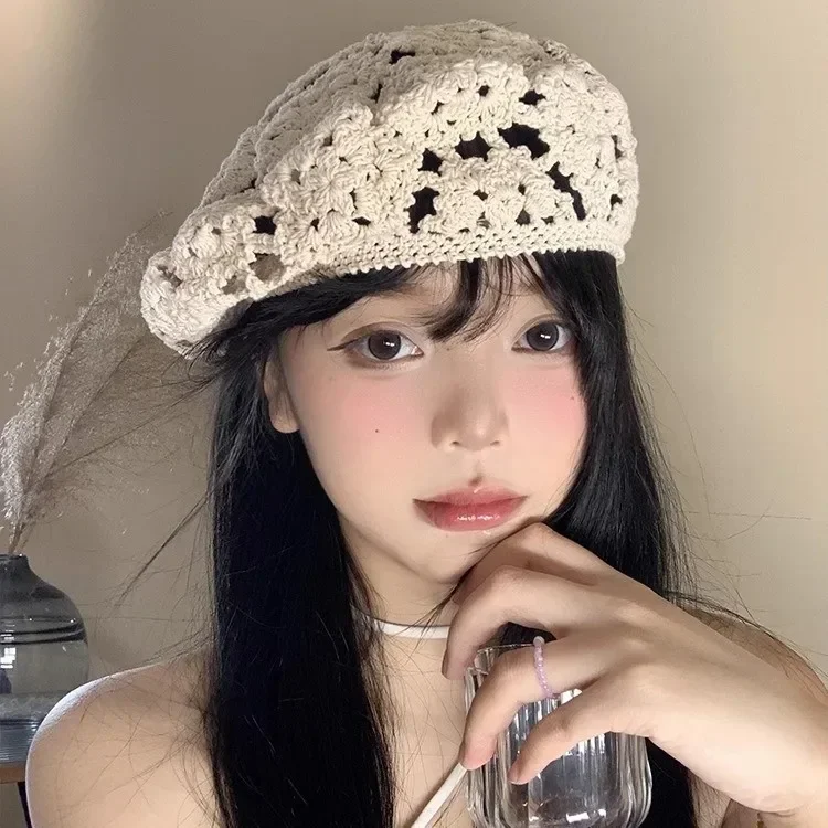 

Elegant Women's Lace Beret - Floral Crochet Summer Hat, Vintage Painter Cap & Slouchy Beanie (Face-Flattering Design)