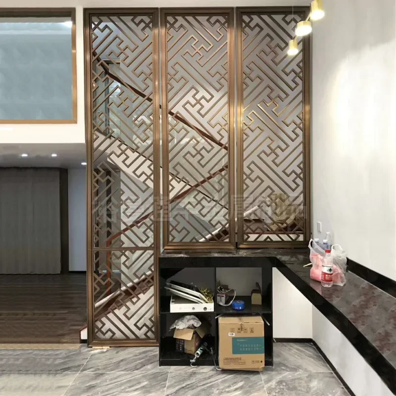 New Chinese Style 304 Stainless Steel Hollow Grille Staircase Partition Entrance Screen for Hotel Clubhouse Sales Department