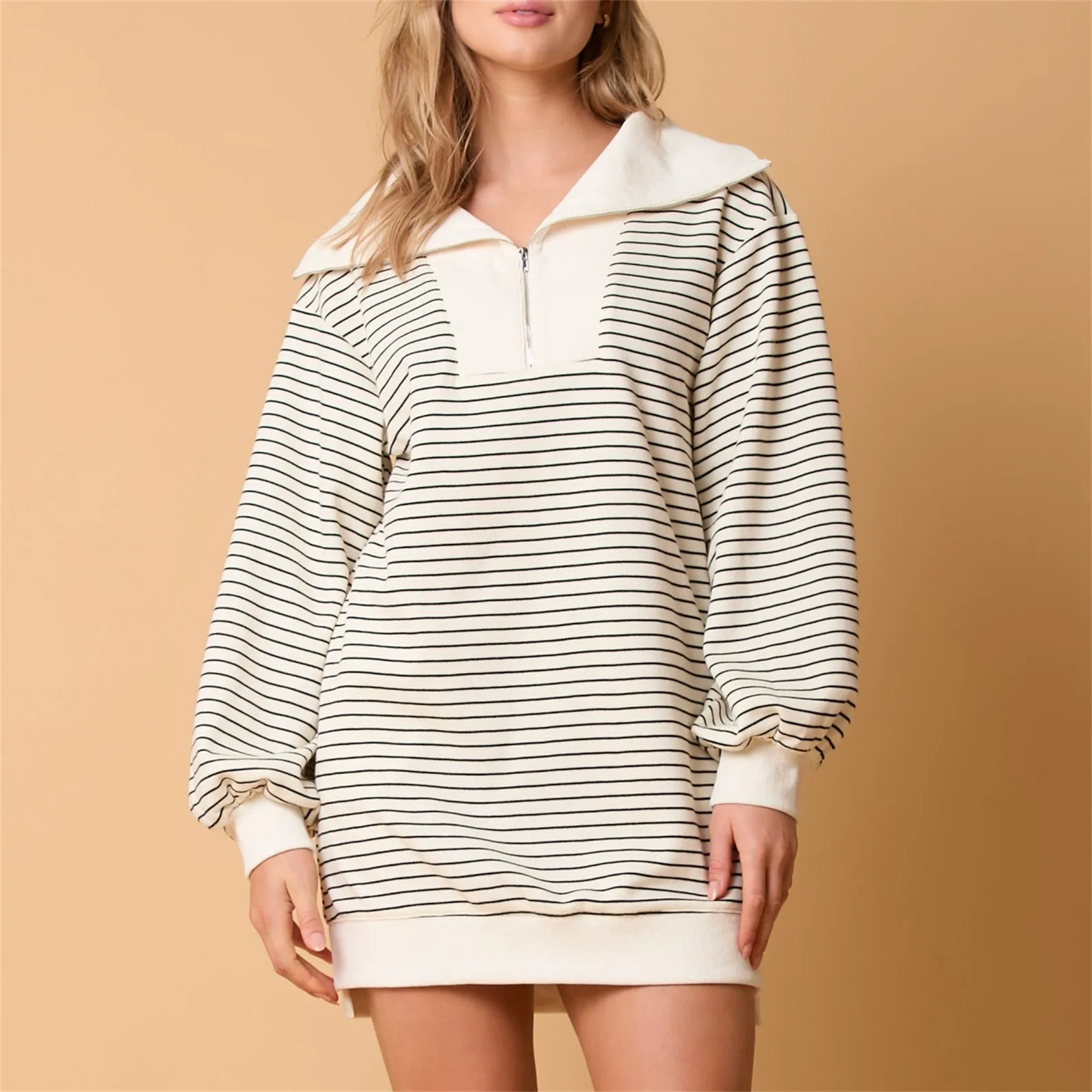 

Women Mini Dress Elegant Long Sleeve Half Zipper Lapel Striped Pullover Tops Loose Casual Female Short Sweatshirt Preppy Dress