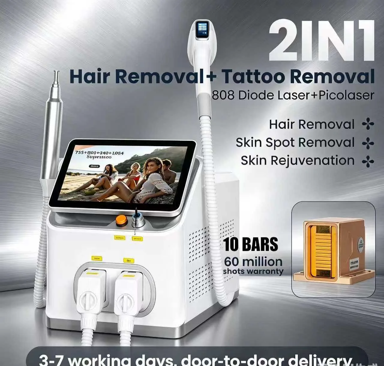 Picosecond Machine Ice Painless Hair  10 Bars 2IN1 Diode Laser Removal Tattoo Pigment Scar Removal 4 Waves 808NM