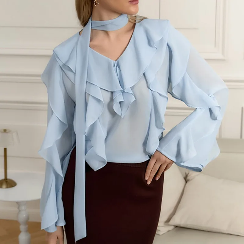 Talenza Casual Ribbon Shirt Sommer Rüschen Langarm Lose Büro Dame Shirt Top Solide Durchsichtig V-ausschnitt Pullover Frauen Bluse