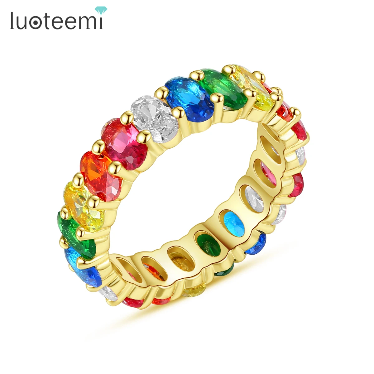 LUOTEEMI Colorful Simulated Gemstone Stone Wedding Engagement Rings for Women Fashion Gold Color Rainbow Zirconia Men Jewelry